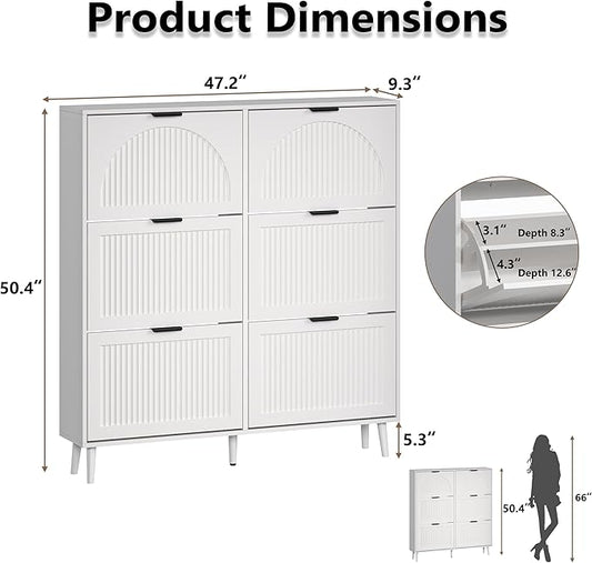 Shoe Cabinet for Entryway with 6 Flip Drawers, Slim Wooden Shoe Storage Organizer with Modern Fluted Pannel，Freestanding Narrow Hidden Shoe Rack for Hallway, Foyer, Living Room
