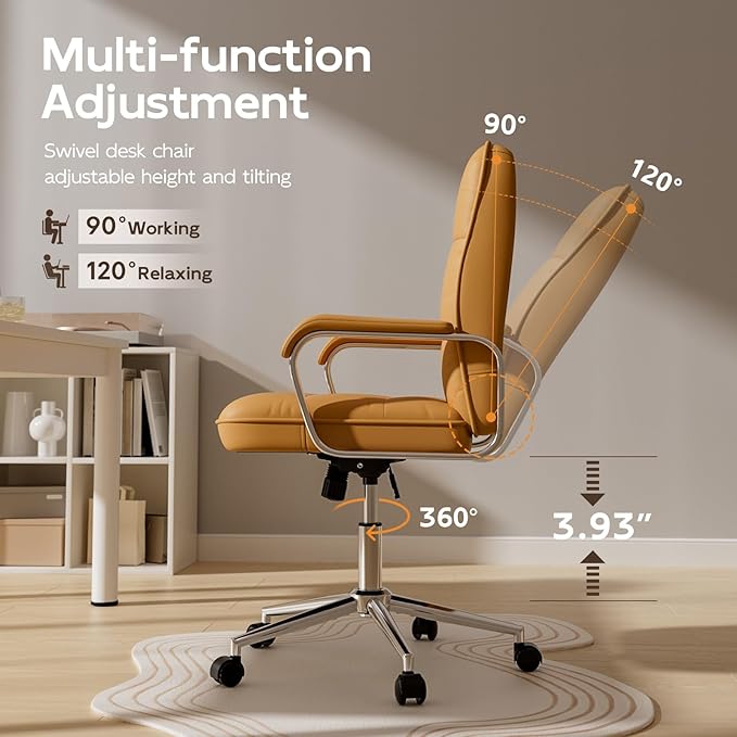 Brown Office Chair with Soft Leather, Swivel Computer Home Office Desk Chair with Wheels and Padded Arms, Adjustable Height and Tilt