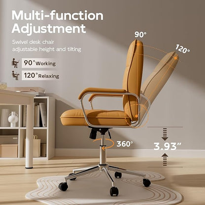 Brown Office Chair with Soft Leather, Swivel Computer Home Office Desk Chair with Wheels and Padded Arms, Adjustable Height and Tilt