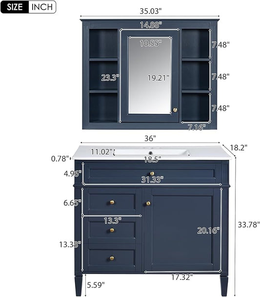36" Bathroom Vanity with Matching Medicine Cabinet, Modern Sink Storage Cabinet with Drawers, Soft Closing Doors and Shelf, Bathroom Vanities with Sink & Mirror