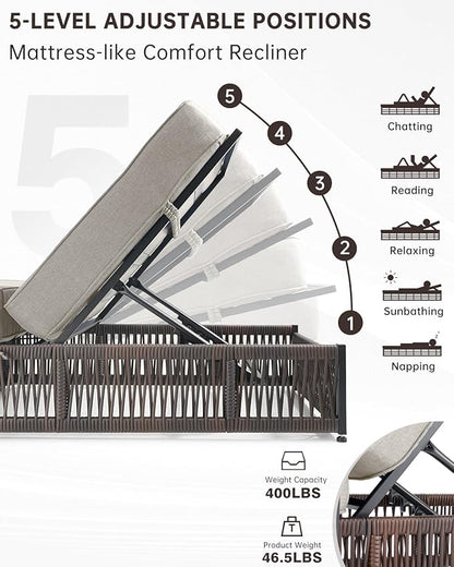 Luxury Outdoor Chaise Lounge with 5 Inch Thickened Cushions - 1 Set High Back Brown Wicker Patio Recliners Rattan Reclining Chairs Porch Poolside Pool Sunbathing Lounger - Beige