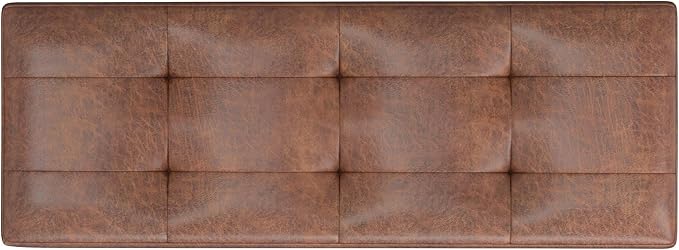 SIMPLIHOME Shay 48 inch Wide Mid Century Modern Rectangular Storage Ottoman in Distressed Saddle Brown Vegan Faux Leather, Assembled, For the Living Room, Entryway and Family Room