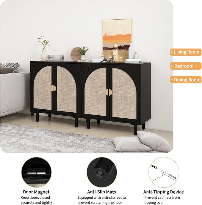 Black Sideboard Cabinet with 2 Rattan Doors, Rattan Buffet Cabinet with Adjustable Shelves & Pine Legs, Boho Sideboard Buffet for Living Room, Kitchen, Entryway (Black,2 PCS)