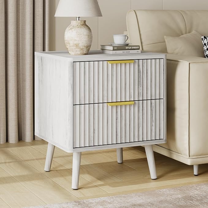 LYNSOM Fluted Dresser and Nightstand Sets 2 Piece, 2-Drawer Nightstands and 7-Drawers Dresser, Wood Bedroom Furniture Set for Home, Bedroom, Hallway, White