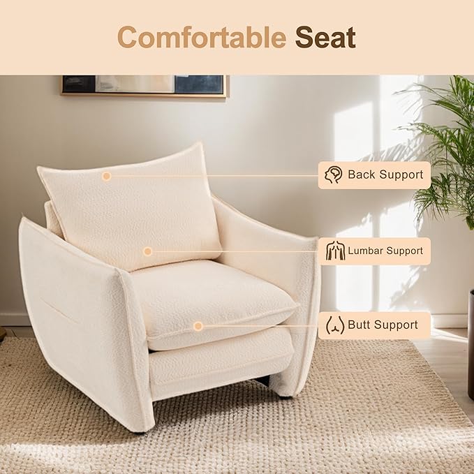 Oversized Accent Chair, Modern Single Sofa Cloud Chairs with Removable Pillow, Deep Seat Comfy Armchair for Living Room Bedroom Reading Nook - Upholstered Lounge Chair (Beige, Set of 2)