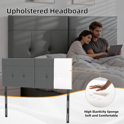 Queen Headboard Only with Adjustable Metal Legs, Faux Leather Upholstered Headboard Queen Size, Modern Stylish Headboard with Sunken Dot Design, Sturdy Bed Headboard for Bedroom, Gray
