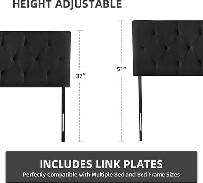 Linen Fabric Upholstered Headboard Queen Size, Modern Diamond Tufting Solid Wood Queen Headboard Only, Adjustable Height from 37” to 51” Head Board, Bed Frame or Wall Mount Headboards, Black