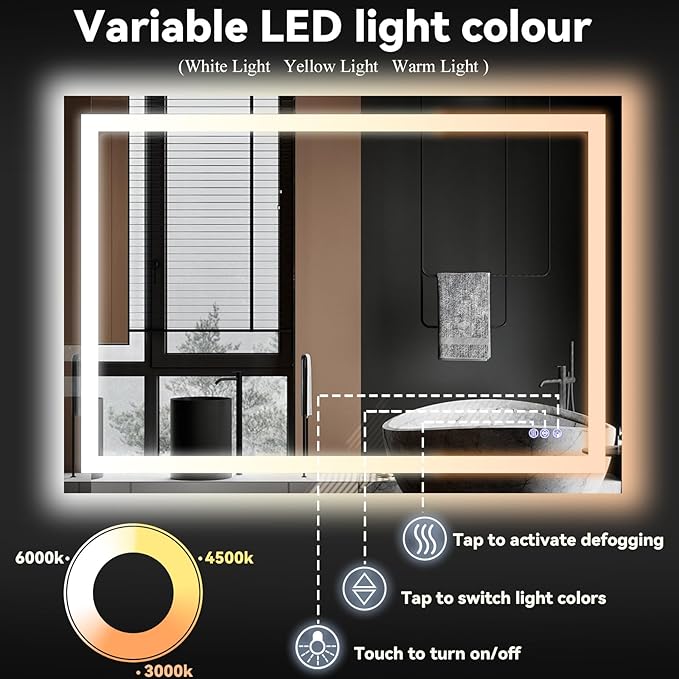 VooBang Bathroom Mirror with Lights 36 x 55 inches - 3 Adjustable Lighting Modes LED Bathroom Vanity Mirror, Anti-Fog, Memory Function, Tempered Glass, Wall Mounted Horizontally Vertically