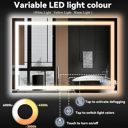 VooBang Bathroom Mirror with Lights 36 x 55 inches - 3 Adjustable Lighting Modes LED Bathroom Vanity Mirror, Anti-Fog, Memory Function, Tempered Glass, Wall Mounted Horizontally Vertically