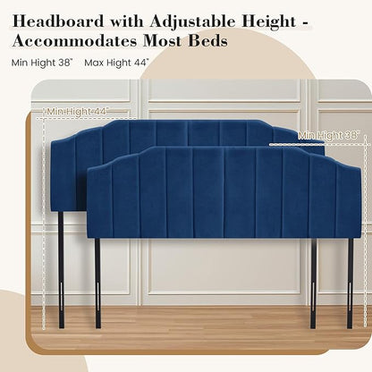 Upholstered Headboard Adjustable Height Queen/King Headboard Cream Velvet Tufted Modern Vertical Channel Design with Stepped Silhouette Top Edge(Blue Queen)
