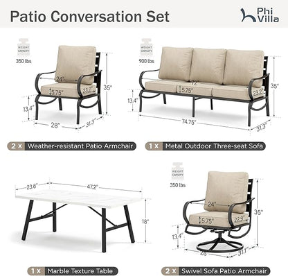PHI VILLA 6 Piece Patio Furniture Sets with 1 x 3 Seater Padded Deep Seating Bench, 4 x Leg Cushioned Sofa Chairs and 1 x Coffee Table, Outdoor Conversation Metal Furniture Set for 7