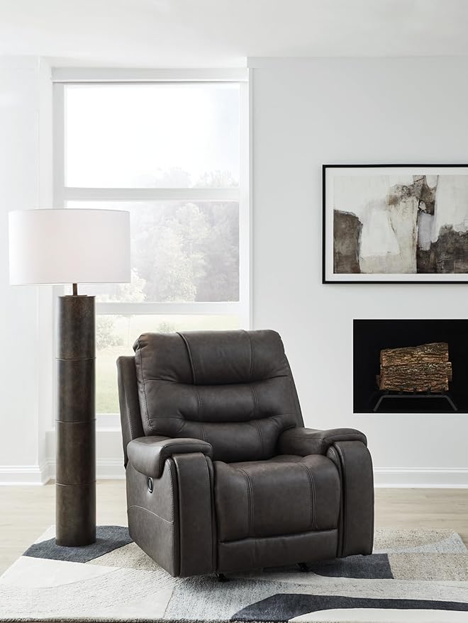 Signature Design by Ashley Trumble Modern Faux Leather Manual Rocker Recliner with Track Arms, Gray