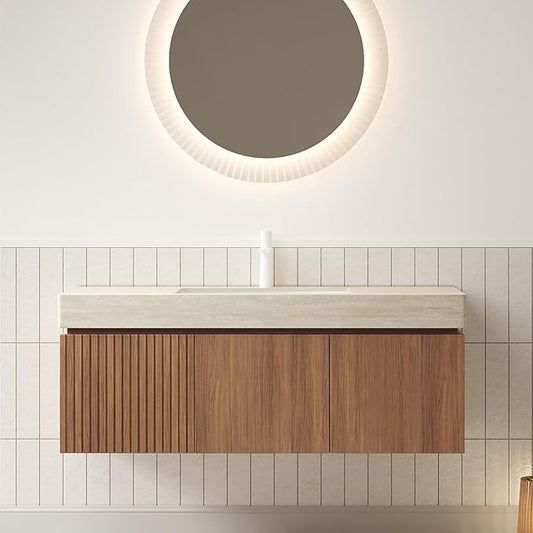48 Inch Floating Bathroom Vanity with Sink, Wall-Mounted Bathroom Vanity with Drawer and 2 Doors, Roma Travertine-Pattern Countertop and Ceramic Basin, Pre-Assembled, Espresso Woodgrain Color