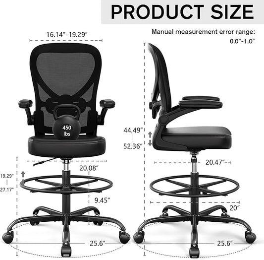 Alolo Drafting Chair,Ergonomic Tall Office Chair with Foot Rest Ring,Executive Leather Office Chair for Counter Height and Standing Desk with Lumbar Support and Flip-up Armrests for Home Office,PU.
