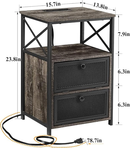VECELO Oak Gray End Table with USB Ports and Outlets,24 Inch Nightstands with Charging Station and Storage Shelf for Bedroom,Living Room, 2 Set