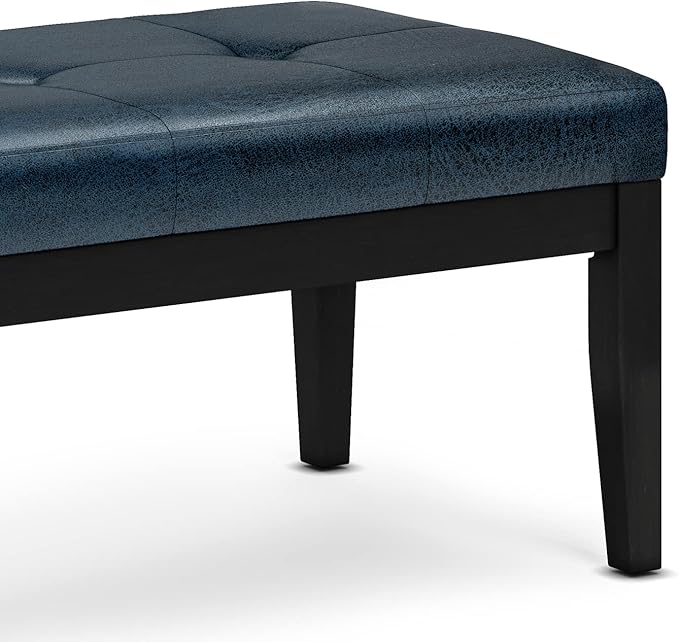 SIMPLIHOME Lacey 41 inch Wide Contemporary Rectangle Tufted Ottoman Bench in Distressed Dark Blue Vegan Faux Leather, Assembled, For the Living Room and Bedroom