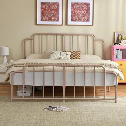 PINJU Metal Platform Bed Frame with Headboard and Footboard, Classic Style, Sturdy Metal Slats, No Box Spring Needed, Easy Installation (Pink, King)