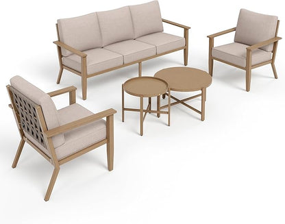 5-Piece Outdoor Patio Furniture Set, Steel Sectional Patio Conversation Sets, All-Weather Outdoor Furniture Sets with Waterproof Thick Cushions for Porch, Garden, Backyard, Deck-Beige