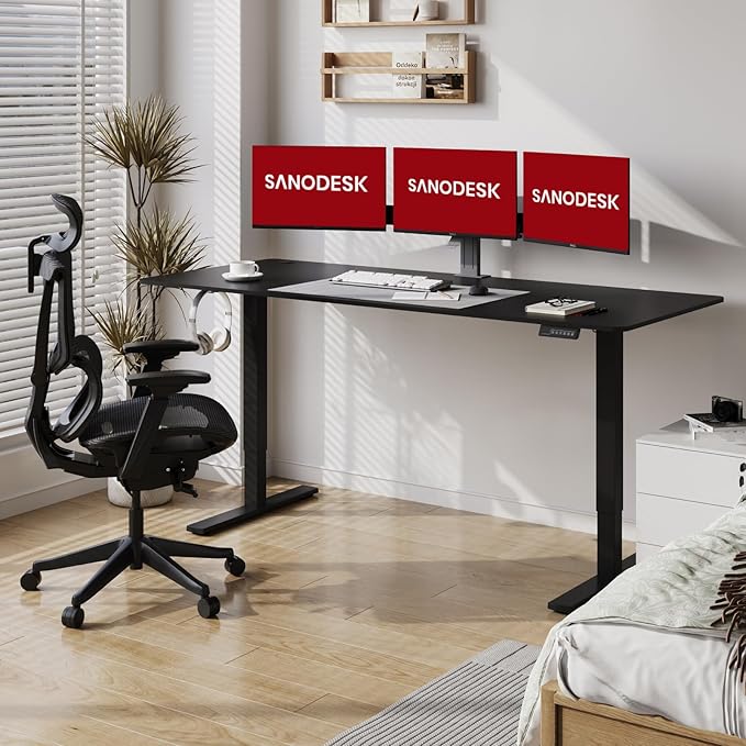 SANODESK Electric Standing Desk 71x32 Inch Height Adjustable Stand Up Desk Home Office Computer Workstation Sit Stand Home Office Desk with Splice Board (Black Frame + Black Top)