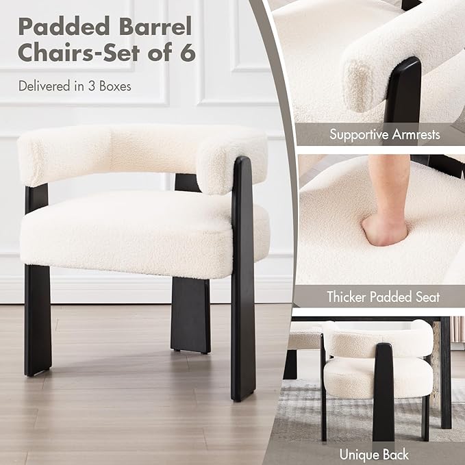Modern Boho Dining Chairs Set of 6, White Boucle Upholstered Barrel Armchairs with Plush Teddy Fabric, Solid Black Wooden Legs, Mid-Century Accent Chairs for Dining Room, Living Room, Kitchen