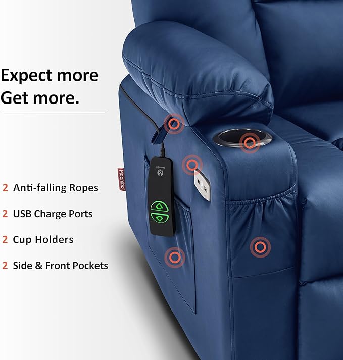 MCombo Large Power Lift Recliner Chair Sofa with Massage and Heat for Big and Tall Elderly People, 3 Positions, Cup Holders, and USB Ports, Faux Leather 7539 (Large, Navy Blue)