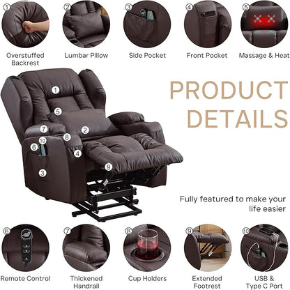 Power Lift Recliner Chair for Elderly, Electric PU Leather Reclining Single Sofa with Massage & Heat, Side Pocket, Cup Holders and USB/Type-C Charge Port for Living Room (Brown)