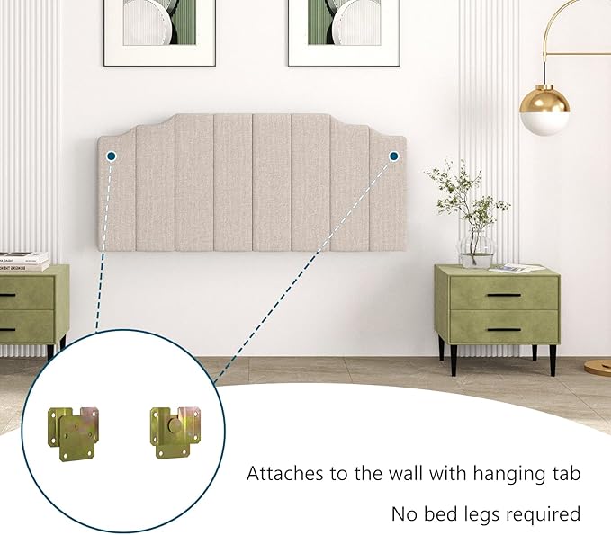 Queen Size Headboard Only, Linen Wall Mounted Headboard Queen/Full Size for Adjustable Bed, Modern Vertical Channel Design with Curved Tufted Upholstered Head Board, Beige