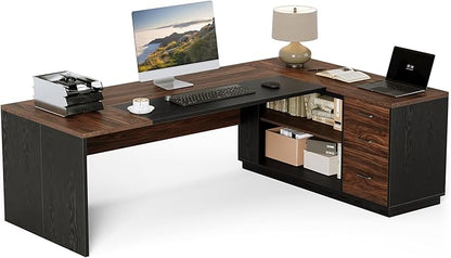 LITTLE TREE 78.7 Inches Modern Executive Desk with File Cabinet, Extra Large L Shaped Home Office Desk with Drawers, Professional Spacious Workstation for Home Office (Brown & Black)