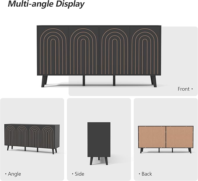 59" Buffet Cabinet with Storage, Modern Accent Sideboard Storage Cabinet with 4 Doors & Carving Lines, Wooden Coffee Bar Table Console for Living Room Kitchen Office and Hallway (Black)