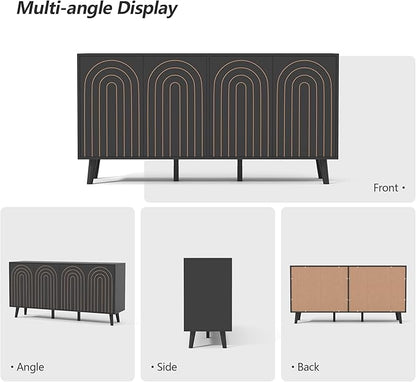 59" Buffet Cabinet with Storage, Modern Accent Sideboard Storage Cabinet with 4 Doors & Carving Lines, Wooden Coffee Bar Table Console for Living Room Kitchen Office and Hallway (Black)