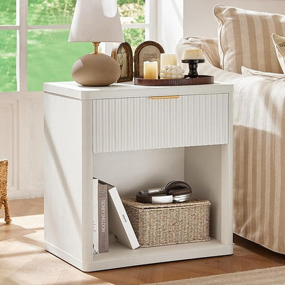 LEYAOYAO Fluted Farmhouse Nightstand Set of 2 with Charging Station, 23" Wide 1 Drawers End Table,White Dresser for Bedroom,Bed Side Table Chest of Drawers Cabinet,Wood Night Stand for Living Room