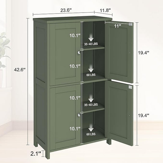 Nuturelly Bathroom Floor Storage Cabinet, Bathroom Organizers and Storage with Top Board & Metal Handles for Kitchen, Green