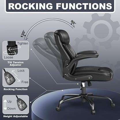 AnyGod Executive Leather Office Chair, Ergonomic Mid-Back Desk Chairs Comfy for Home Office with Flip-up Armrests, Lumbar Support, Adjustable Height and Swivel Rolling Wheels
