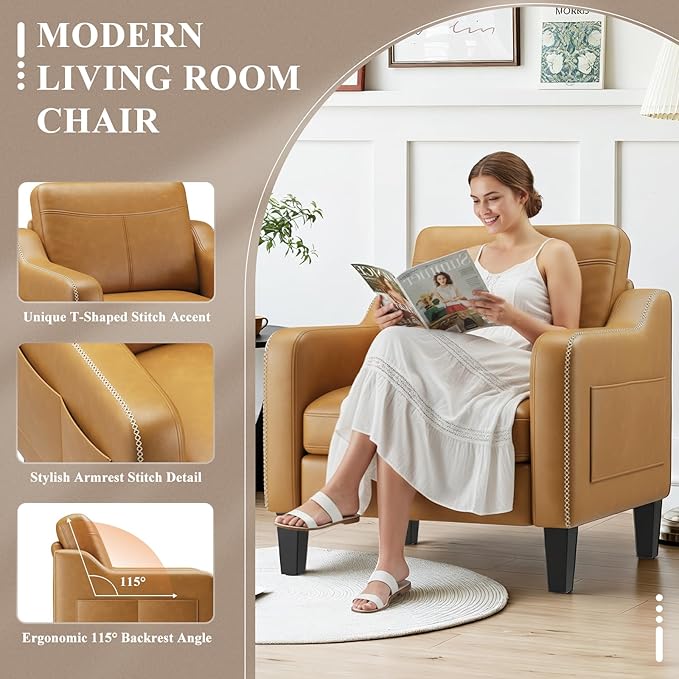 PU Leather Accent Chair, Mid-Century Modern Living Room Armchair Sofa with Removable Cushions, Solid Wood Frame & Stitched Armrest Design, Bedroom Chair with Plastic Legs, Brown