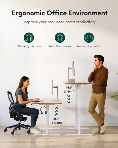 FEZIBO One-Piece Standing Desk Adjustable Height Stand up Home Office Desk, 55x24 Inch Electric Standing Computer Desk, with 4 Memory Presets, Headphone Hook, Light Rustic