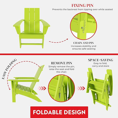 Costaelm Folding Adirondack Chairs, Outdoor Patio Adjustable Lawn Chairs, Weather Resistant Outside Firepit Chairs for Porch, Poolside, Garden, Backyard Deck, Lime