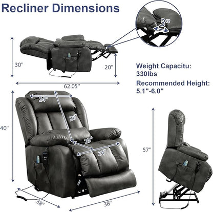MAEVIS Large Genuine Leather Power Lift Recliner Chair, Dual Motor Recliner for Elderly,Extended Footrest and Lumbar Pillow for Tall Man,with Heat and Massage, USB and Type-C Ports(Silver Gray)