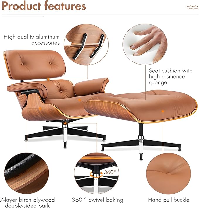 Top Grain Leather, Mid Century Chaise Lounge Chair and Ottoman, Modern Chair Classic Design, Heavy Duty Base Support for Living Room Study Lounge Office, Walnut-Brown