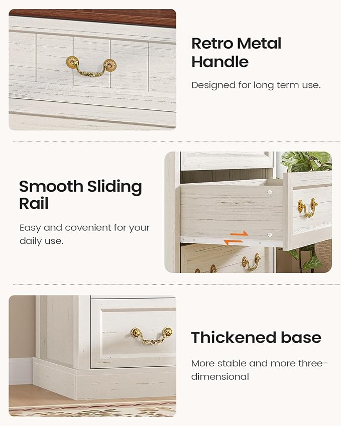 AOGLLATI Farmhouse Dresser with 6 Drawers, 51.2”Tall Wooden Rustic Chest of Drawers with Natural Texture, Vintage Design, Bedroom Dressers with Drawers for Bedroom, Antique White