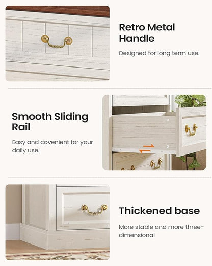 AOGLLATI Farmhouse Dresser with 6 Drawers, 51.2”Tall Wooden Rustic Chest of Drawers with Natural Texture, Vintage Design, Bedroom Dressers with Drawers for Bedroom, Antique White