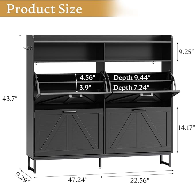 Shoe Cabinet Storage for Entryway, Shoe Storage Cabinet with 4 Flip Drawers, Freestanding Narrow Shoe Rack Organizer with Metal Legs, Adjustable Shelves & Open Storage for Foyer, Hallway, Black