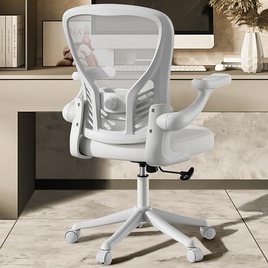 Computer Desk Chair with Wheels, Mesh Office Chair with Flip Up Arms, Adjustable Lumbar Support, Swivel Desk Chair Comfy, White