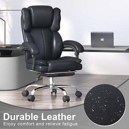 Big and Tall Office Chair, Executive Home Office Desk Chair, Leather Computer Chair with Retractable Footrest, Adjustable Headrest and Reclining Height, Padded Arms, 360°Swivel Free, Wide Seat, Black