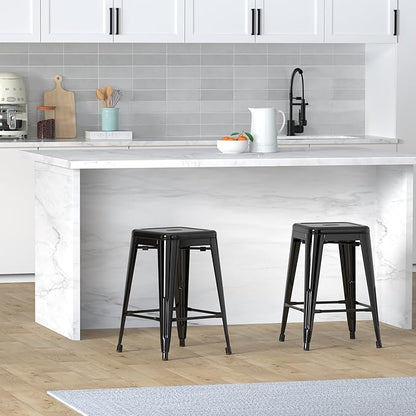 Vogue Furniture Direct 24 Inch Metal Bar Stools, Backless Counter Height Barstools, Indoor Outdoor Stackable Stools with Square Seat, Set of 4 (Black)