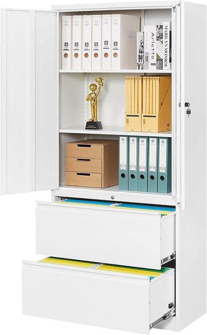 SISESOL Storage Cabinet Metal Display Cabinet with Glass Doors, 71in H x 31.5in W x 15.7in D, White, Kitchen Pantry Cabinet for Home Office, Bathroom, Bedroom, Living Room