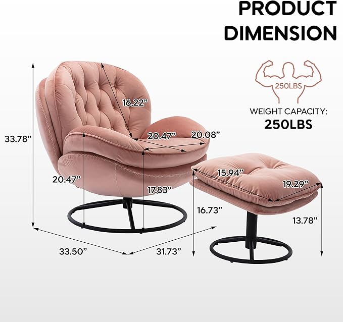 Set of 2 360° Swivel Modern Velvet Accent Chair with Ottoman | Mid-Century Button Tufted Lounge Chair for Living Room & Bedroom, Pink