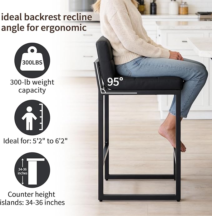 Counter Height Bar Stools Set of 2, Modern Faux Leather Counter Stools with Low Back and Footrest, Upholstered Bar Chairs for Kitchen Island, Bar, Counter (Black, 2Pcs 26" Bar Stools)