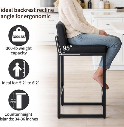 Counter Height Bar Stools Set of 2, Modern Faux Leather Counter Stools with Low Back and Footrest, Upholstered Bar Chairs for Kitchen Island, Bar, Counter (Black, 2Pcs 26" Bar Stools)