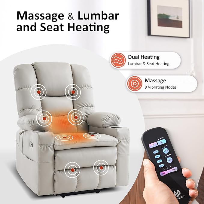 MCombo Large Triple Motor Power Lift Recliner Chair with Massage and Dual Heating, Adjustable Headrest for Tall Elderly People, Faux Leather 7634 (Light Grey, Large)