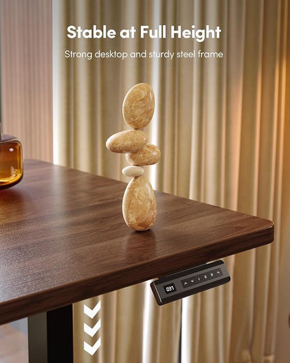 FEZIBO One-Piece Standing Desk Adjustable Height Stand up Home Office Desk, 55x24 Inch Electric Standing Computer Desk, with 4 Memory Presets, Headphone Hook, Black Walnut